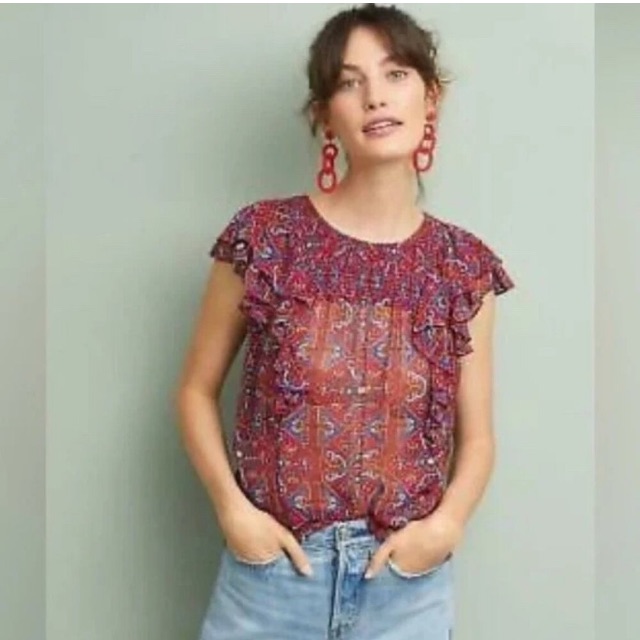 Meadow Rue / Anthropologie Colorful Patterned Ruffle-Sleeve Blouse